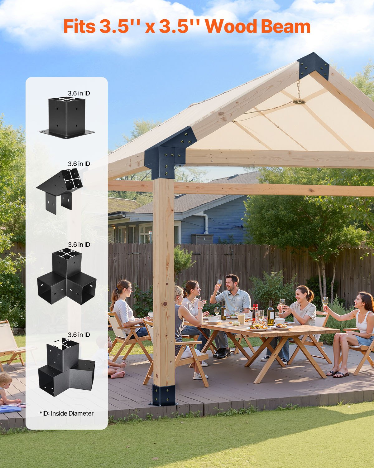 4x4 Inch Pergola Bracket Kit for Pitched Roof Wood Posts - Black
