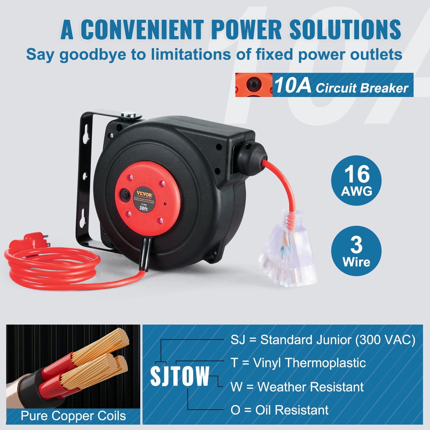 Retractable Extension Cord Reel 30FT 16AWG Water-Resistant Power Cord with 3-Outlets
