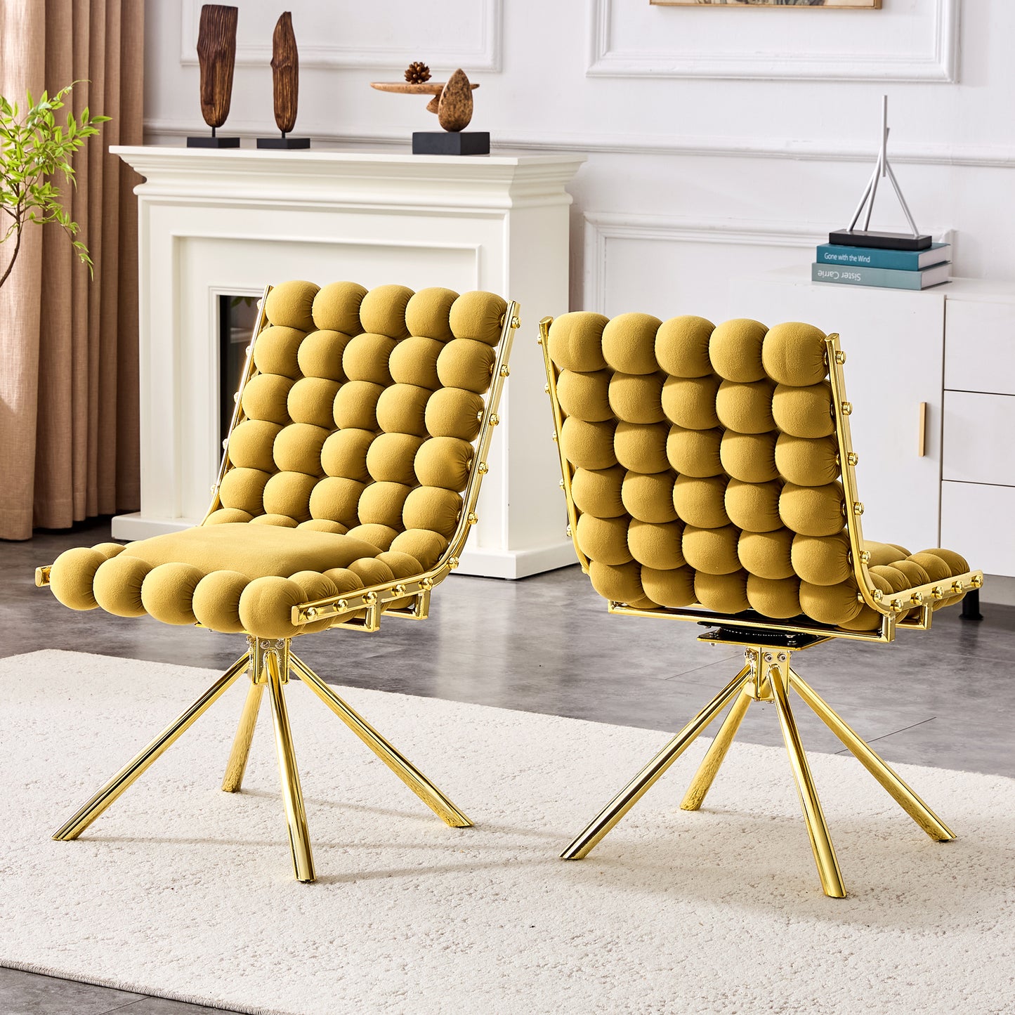 Set of 2 Yellow Velvet Bubble Dining Chairs with Gold Legs