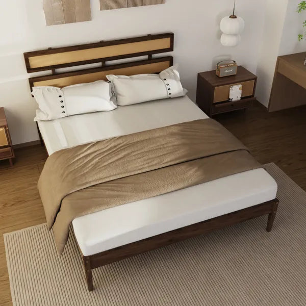 Queen Size Rattan Woven Headboard - Bohemian Style, Dark Walnut