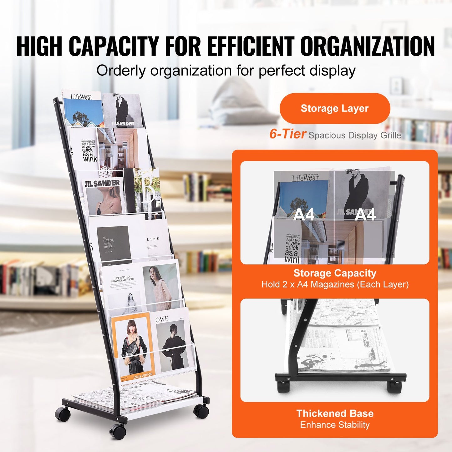 6-Tier Brochure Display Rack with Wheels - Magazine Holder