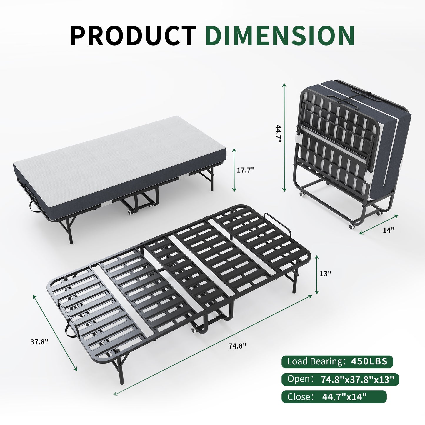 75 X 38 Inch Extra Long Folding Bed For Tall People, Heavy-Duty