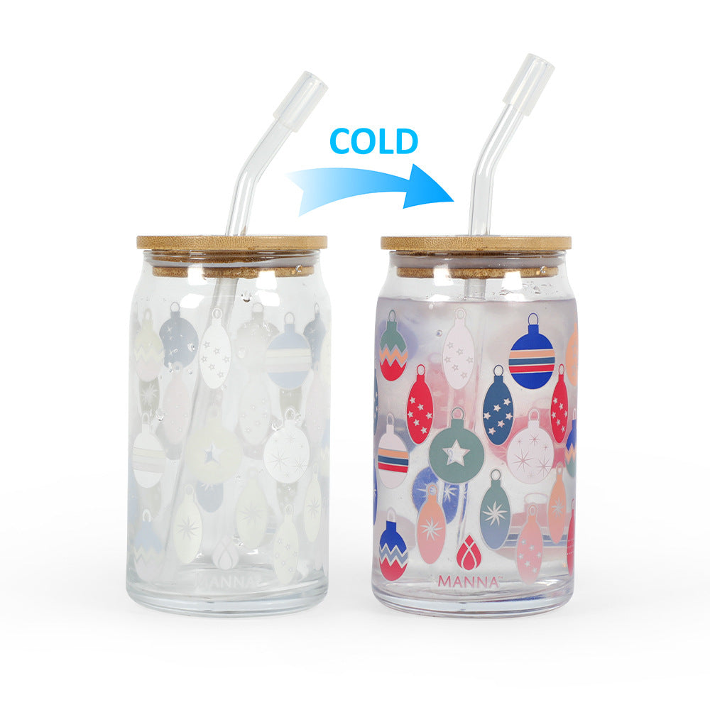 Color-Changing Glass Water Cup with Straw for Christmas Gift
