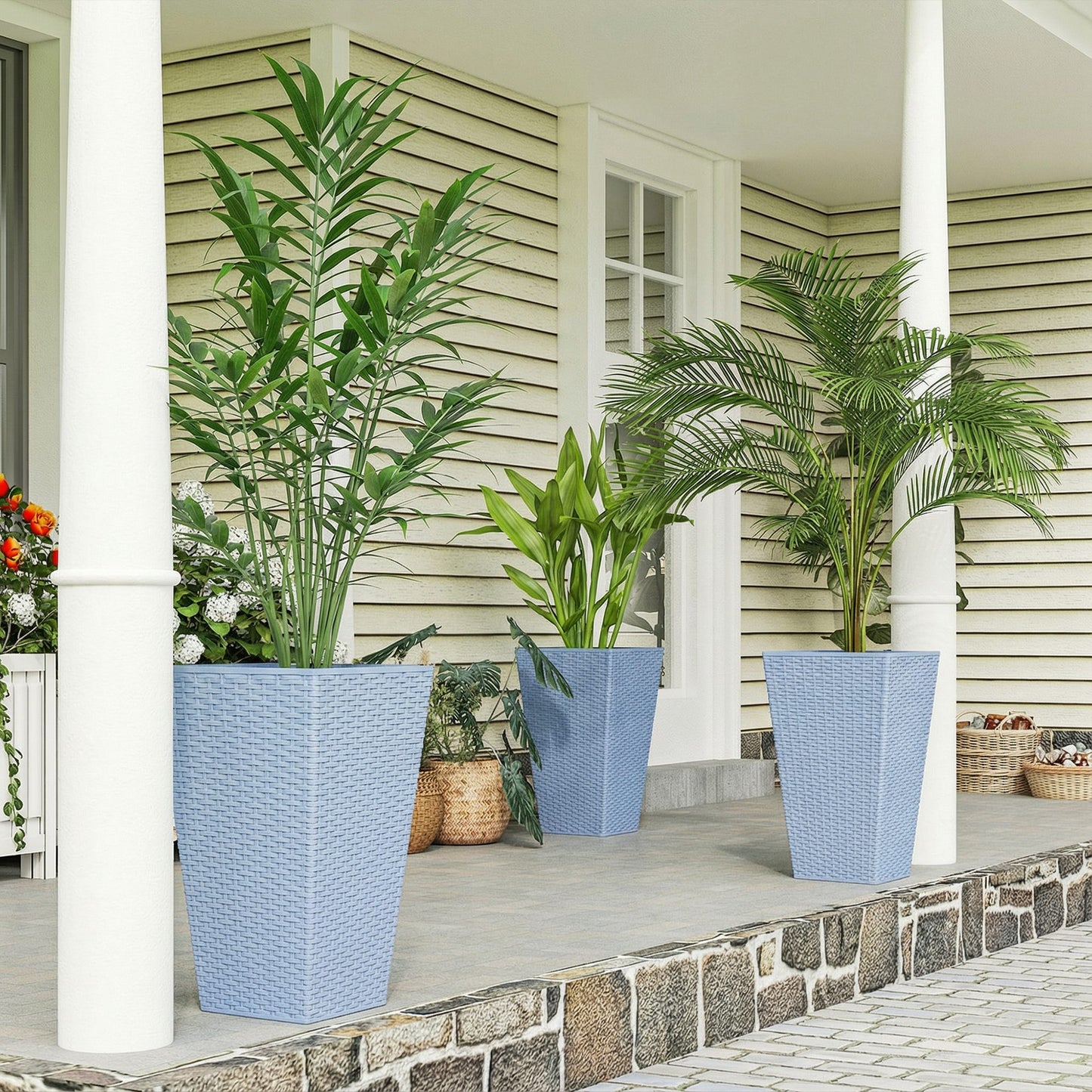 Tall Outdoor Plant Planters Set of 3 - 24 Inch Rattan-Style Flower Pots with Drainage Holes, Light Gray