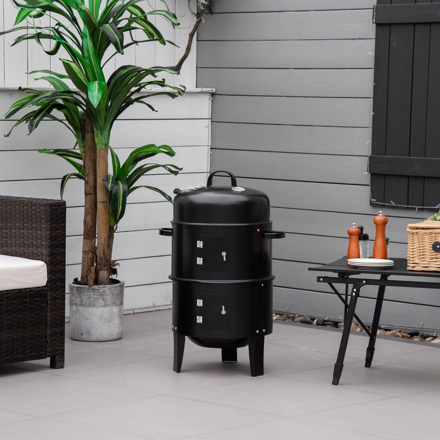 3-in-1 Vertical Charcoal BBQ Smoker Grill with Thermometer
