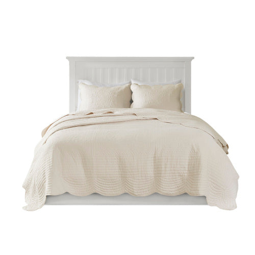 3 Piece Reversible Scalloped Edge Quilt Set - Cream, King/Cal King