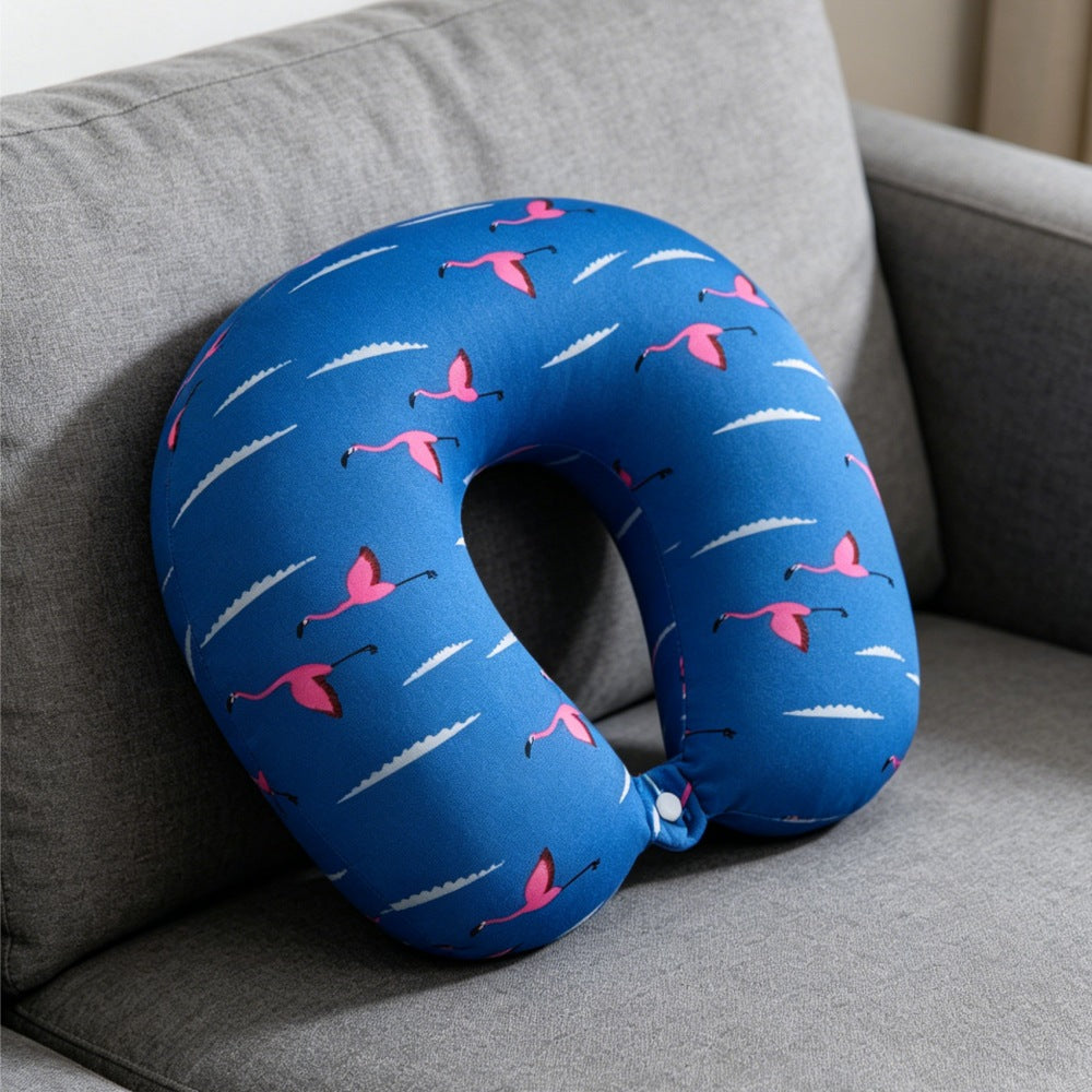Travel Neck Pillow with Flamingo Print - Micro Bead U-Shape Support for Airplane, Car, Office, Pink & Blue