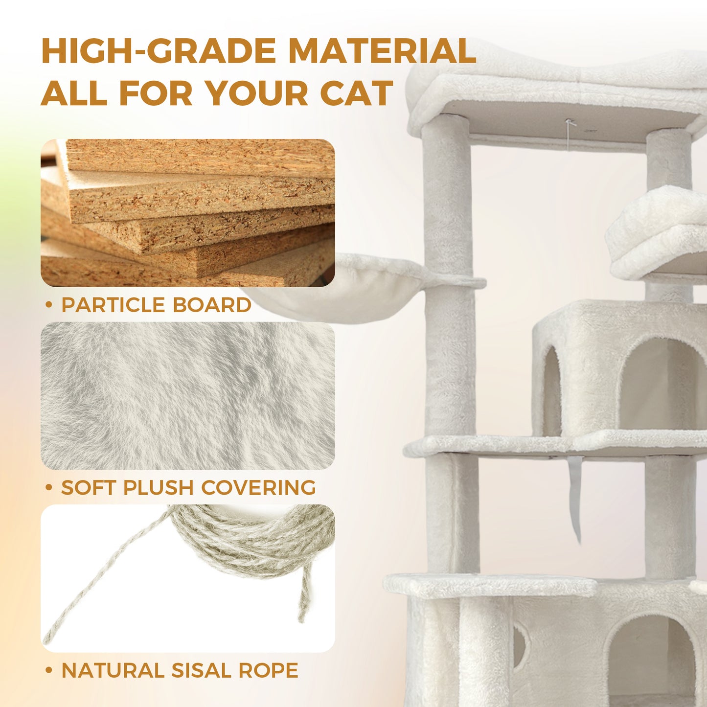 68in Multi-Level Cat Tree with Hammocks and Scratching Posts - Beige