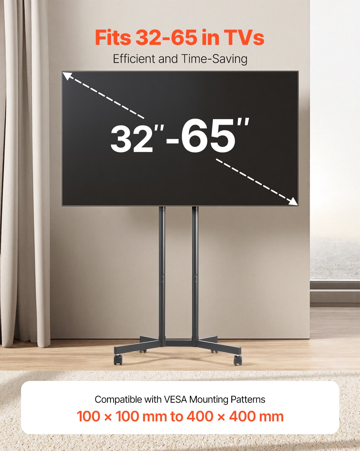 Mobile TV Stand for 32-65 Inch Screens - Height Adjustable with Wheels