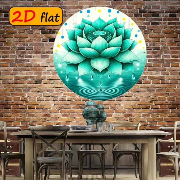Fresh Green Lotus Droplet Round Sign - 7.87 inch Metal Plaque