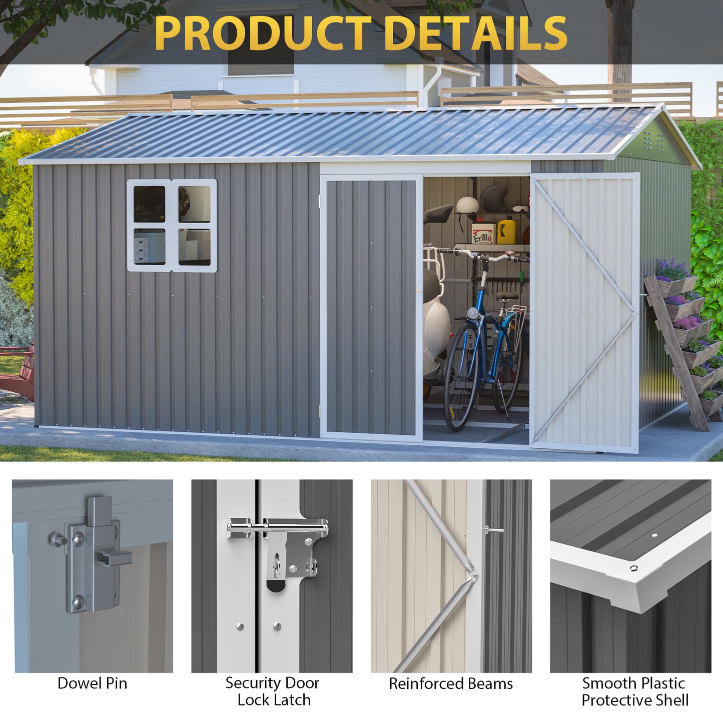 12x10 FT Heavy Duty Metal Outdoor Storage Shed - Grey