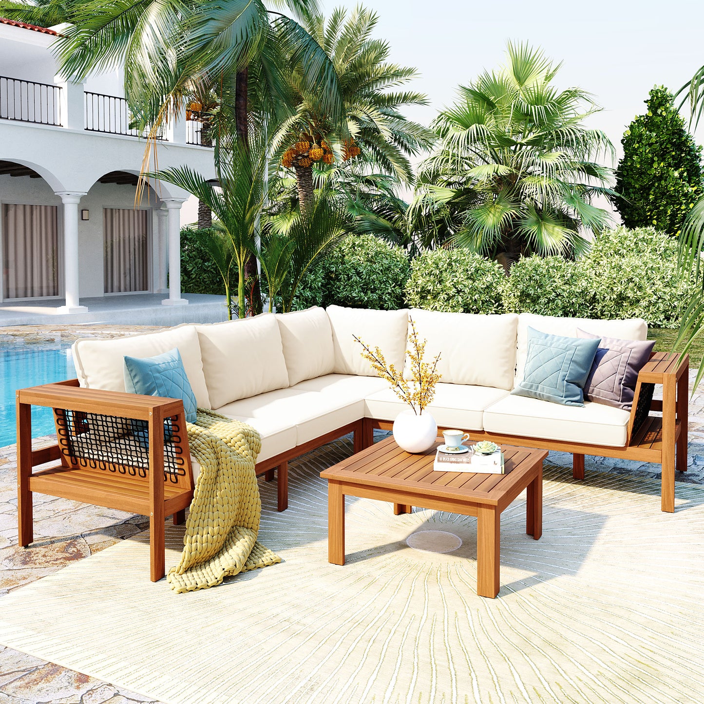 GO 4 Pieces Outdoor Acacia Wood Sofa Set, Woven Mesh Armrests,