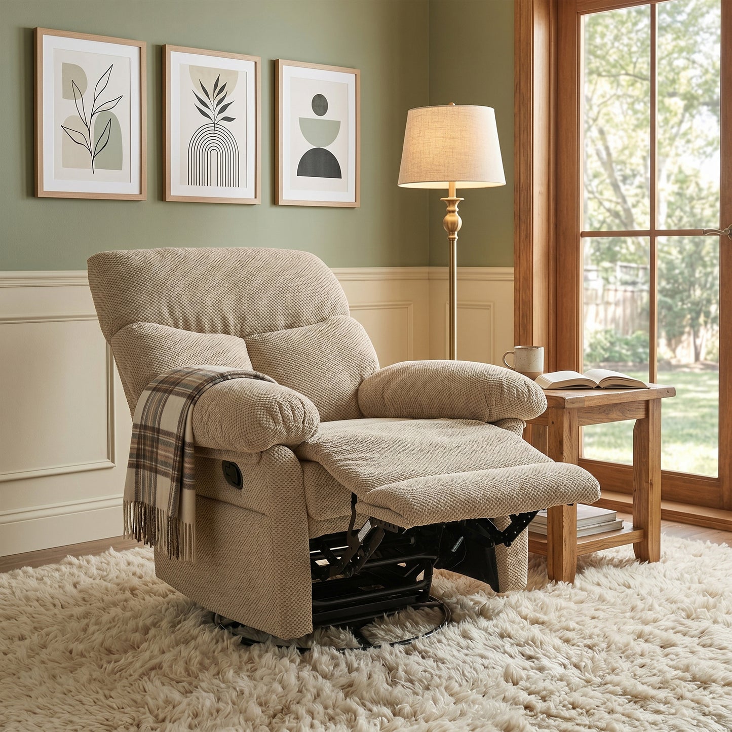Modern Swivel Rocker Recliner Chair - Camel Fabric Armchair