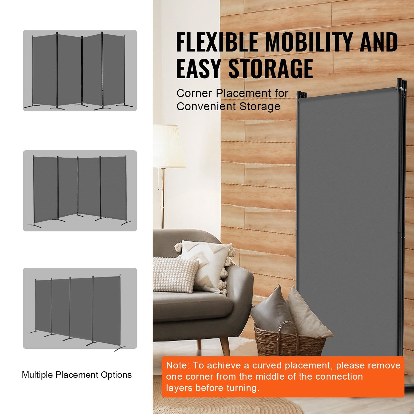 4 Panel Folding Room Divider - Portable Privacy Screen, Grey
