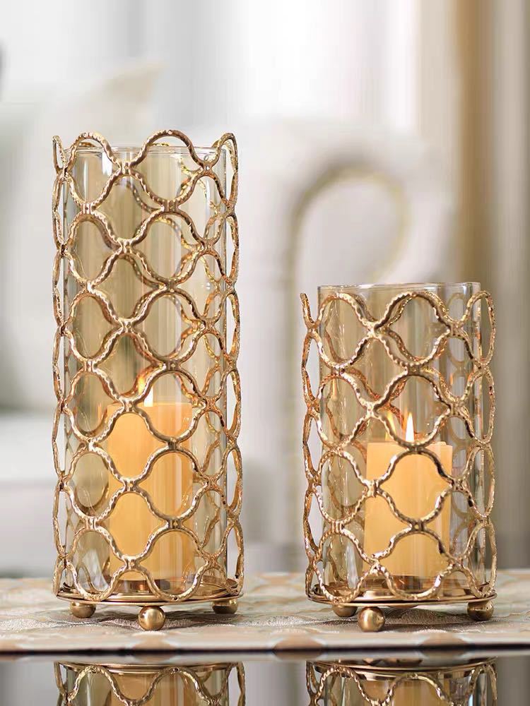 Hollow Out Glass Vase with Golden Flower Arrangement Metal Stand - Home Decor