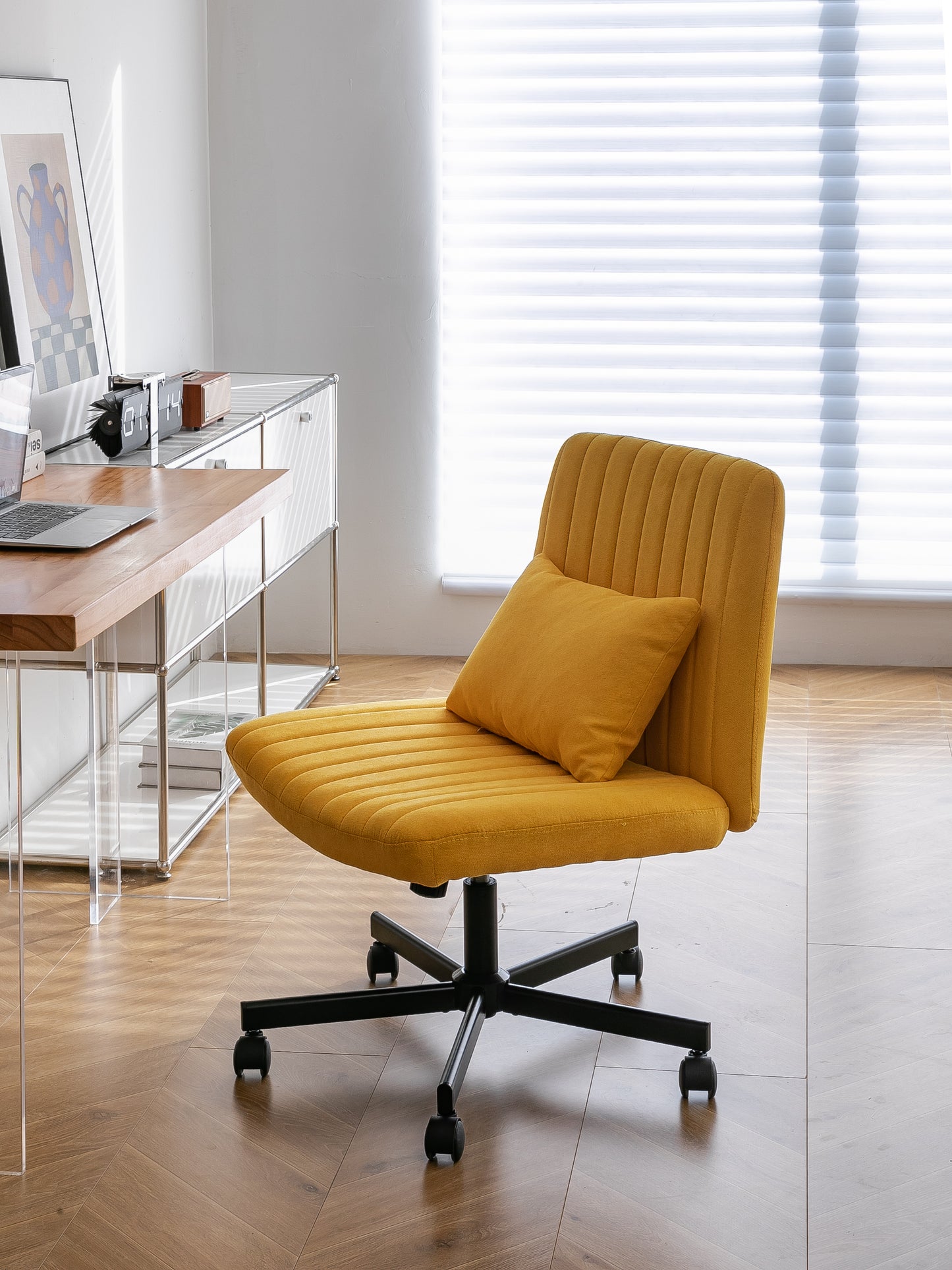 Yellow Linen Criss Cross Office Chair with Wheels - Ergonomic Design
