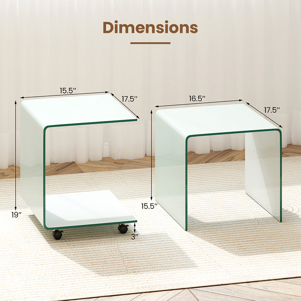 C Shaped End Table Modern Tempered Glass Side With Shelf 4 Swivel