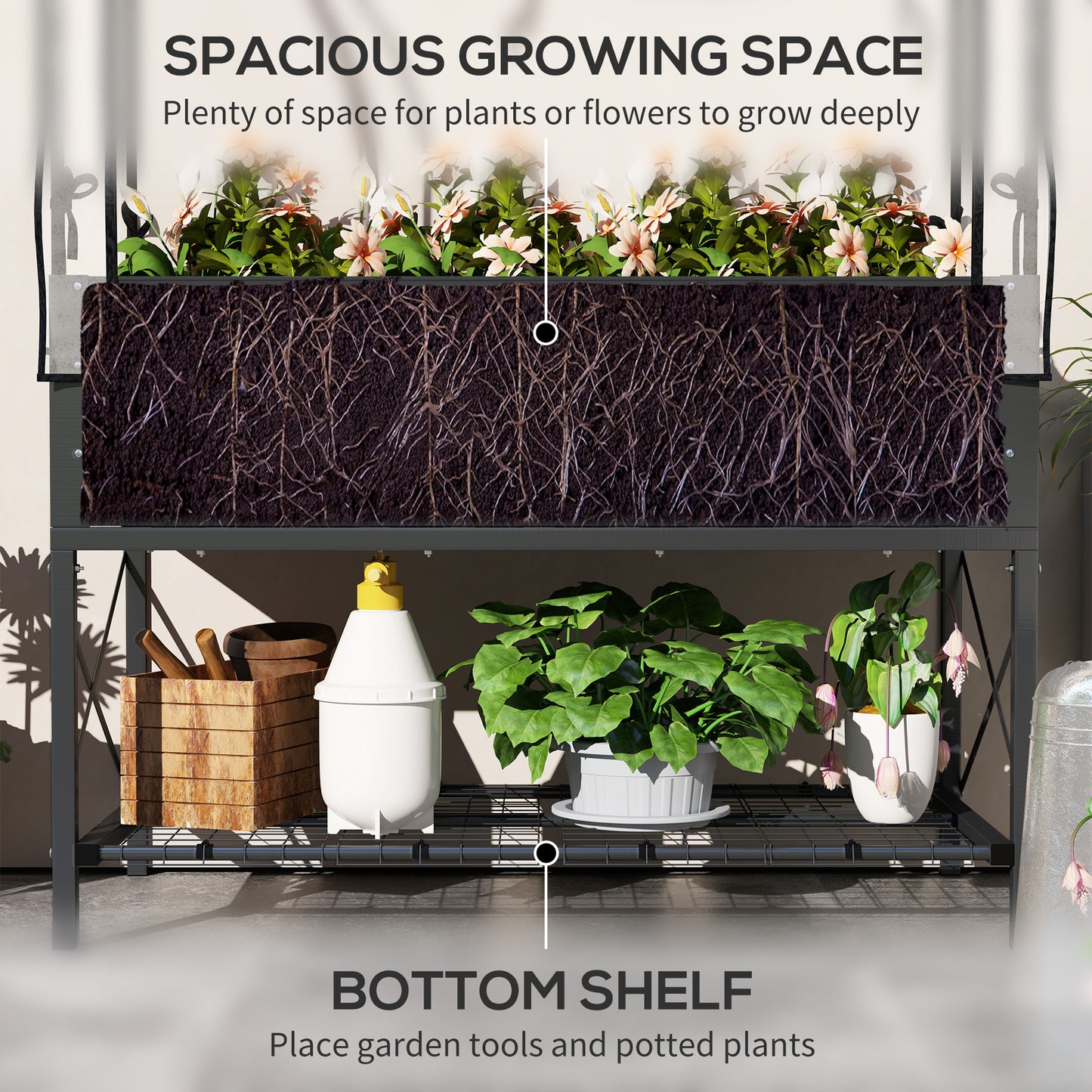 Raised Garden Bed with Cover and Legs - Metal Elevated Planter with Shelf - Dark Gray 1180x370x95mm