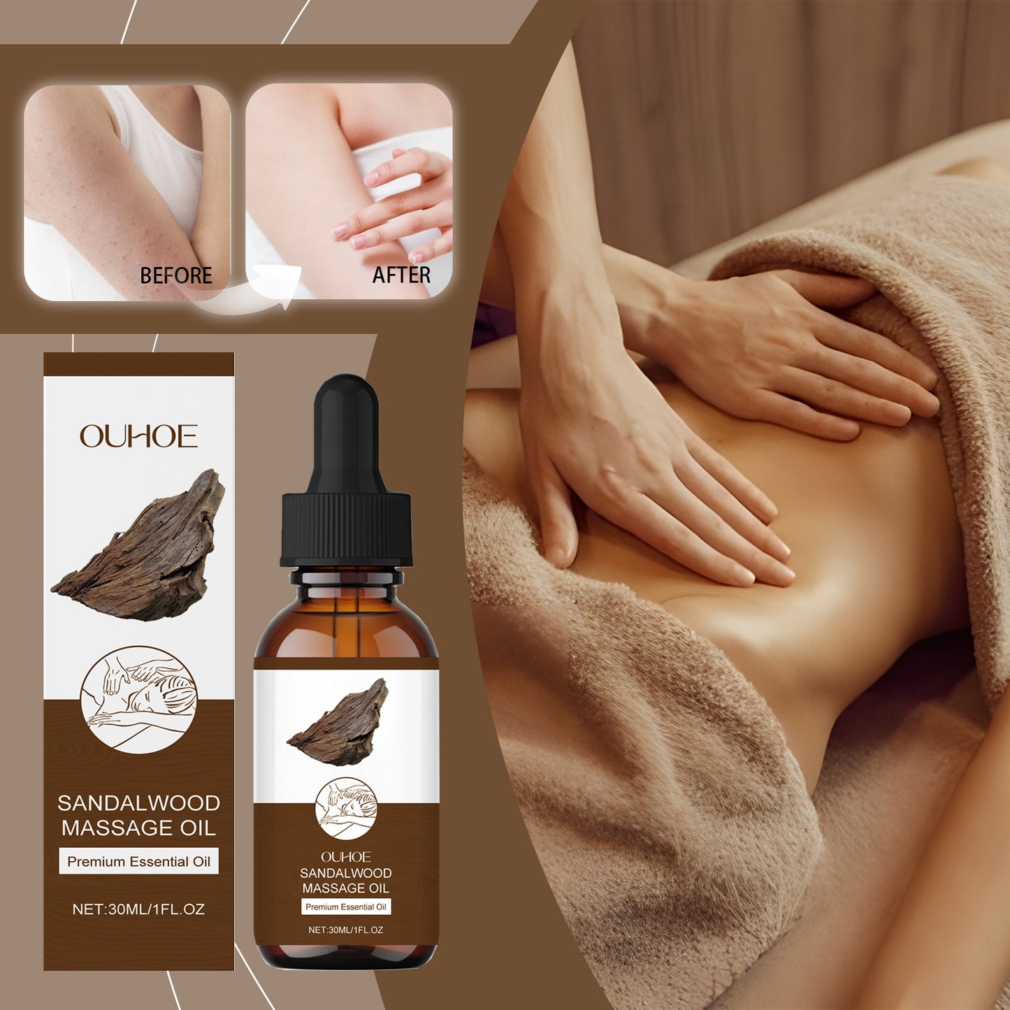 Sandalwood Massage Essential Oil - Moisturizing Body Oil Blend, 30ml