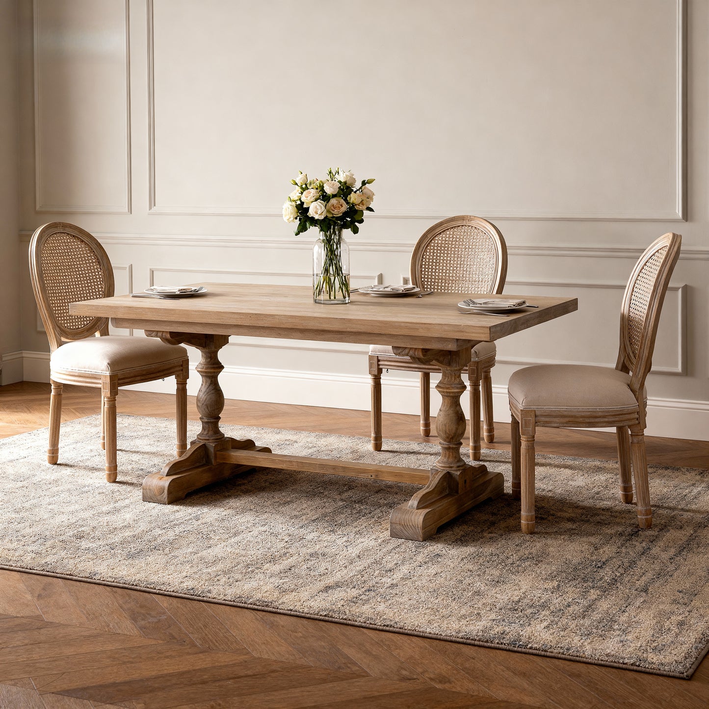 French Country Dining Chairs - Set of 2 Beige Wooden Frame