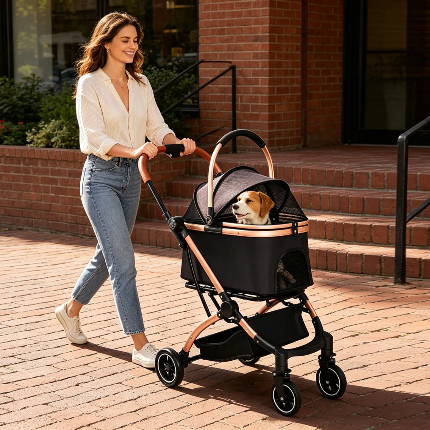 Pet Stroller for Dogs and Cats - Foldable 2-in-1 Detachable Design with Sun Canopy