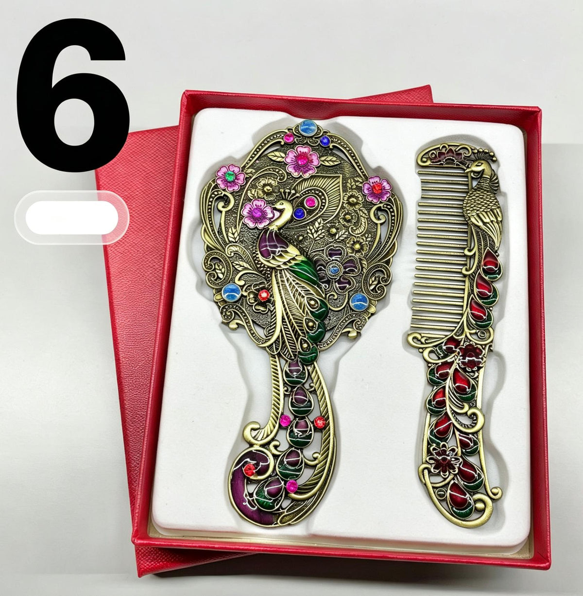 Vintage Peacock Mirror & Comb Set - Antique Metal Handheld Vanity Accessory with Gift Box