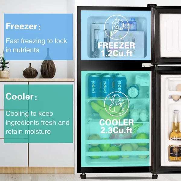 Mini Refrigerator with Freezer, 3.5Cu.Ft Compact Cooler with 2 Doors — Kitchen, Dorm, Office