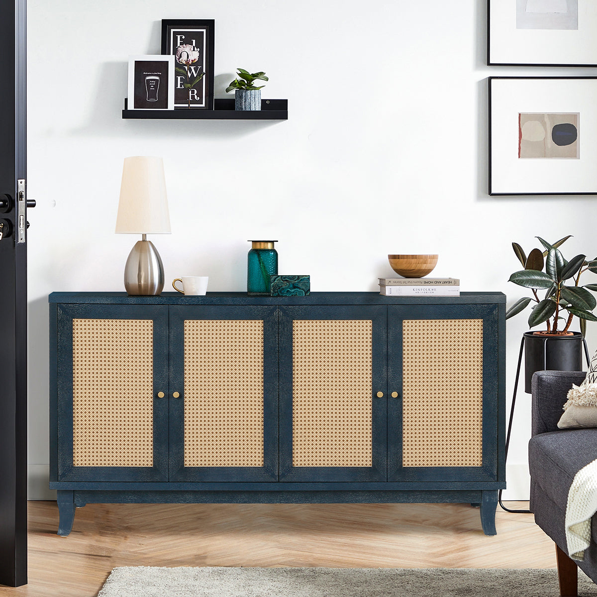 Rattan Sideboard Cabinet with 4 Doors - Antique Navy Blue