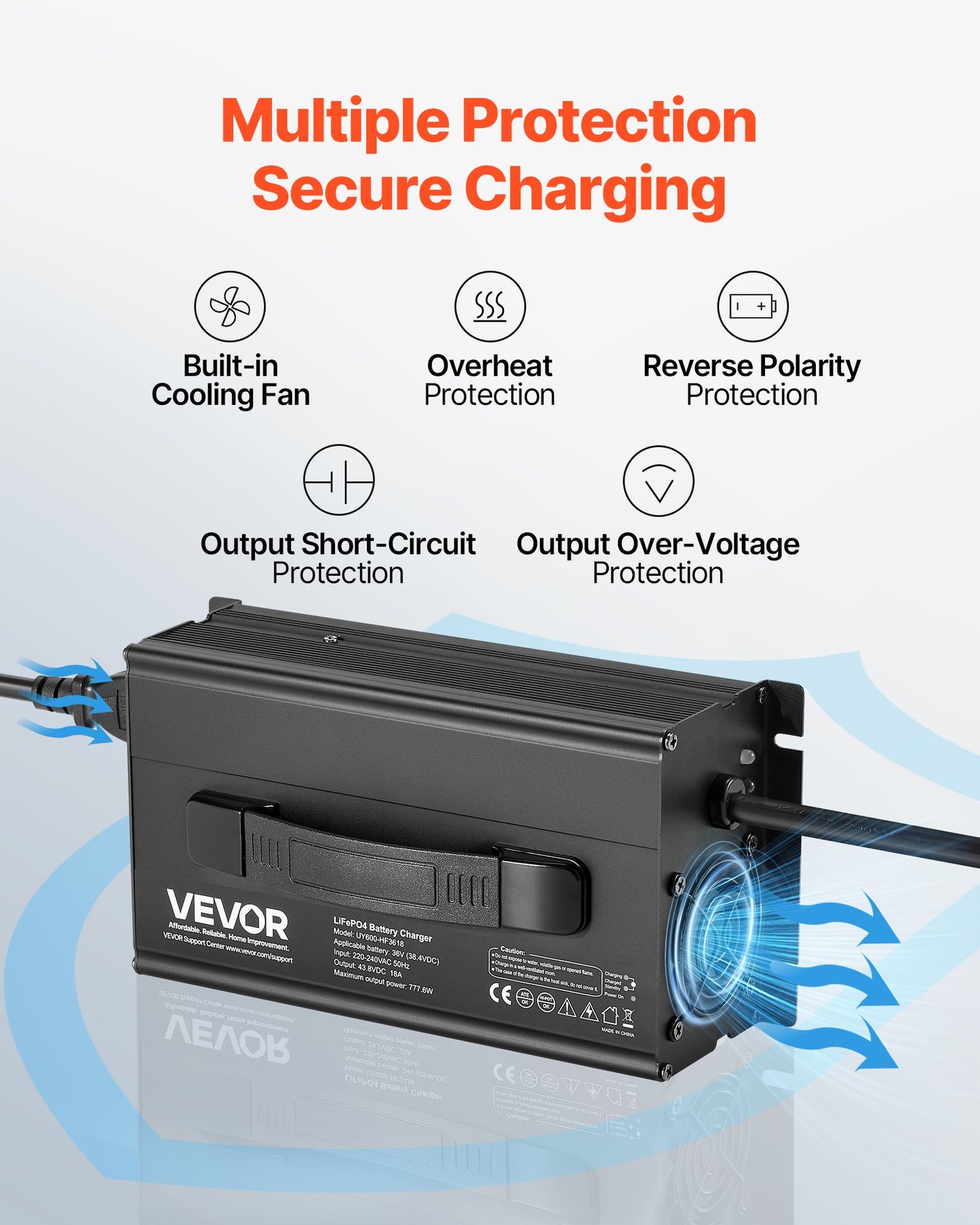 36V 18A Lithium Battery Charger for RV LiFePO4 Batteries - Smart 43.8V AC/DC