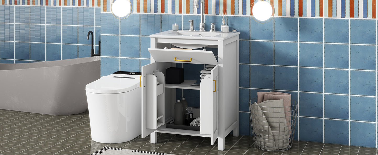 24" Bathroom Vanity Combo with Ceramic Sink - Gold & White
