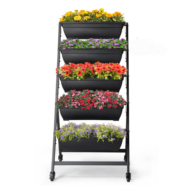 Black 5-Layer Vertical Garden Planter with Wheels - 65x60x130cm