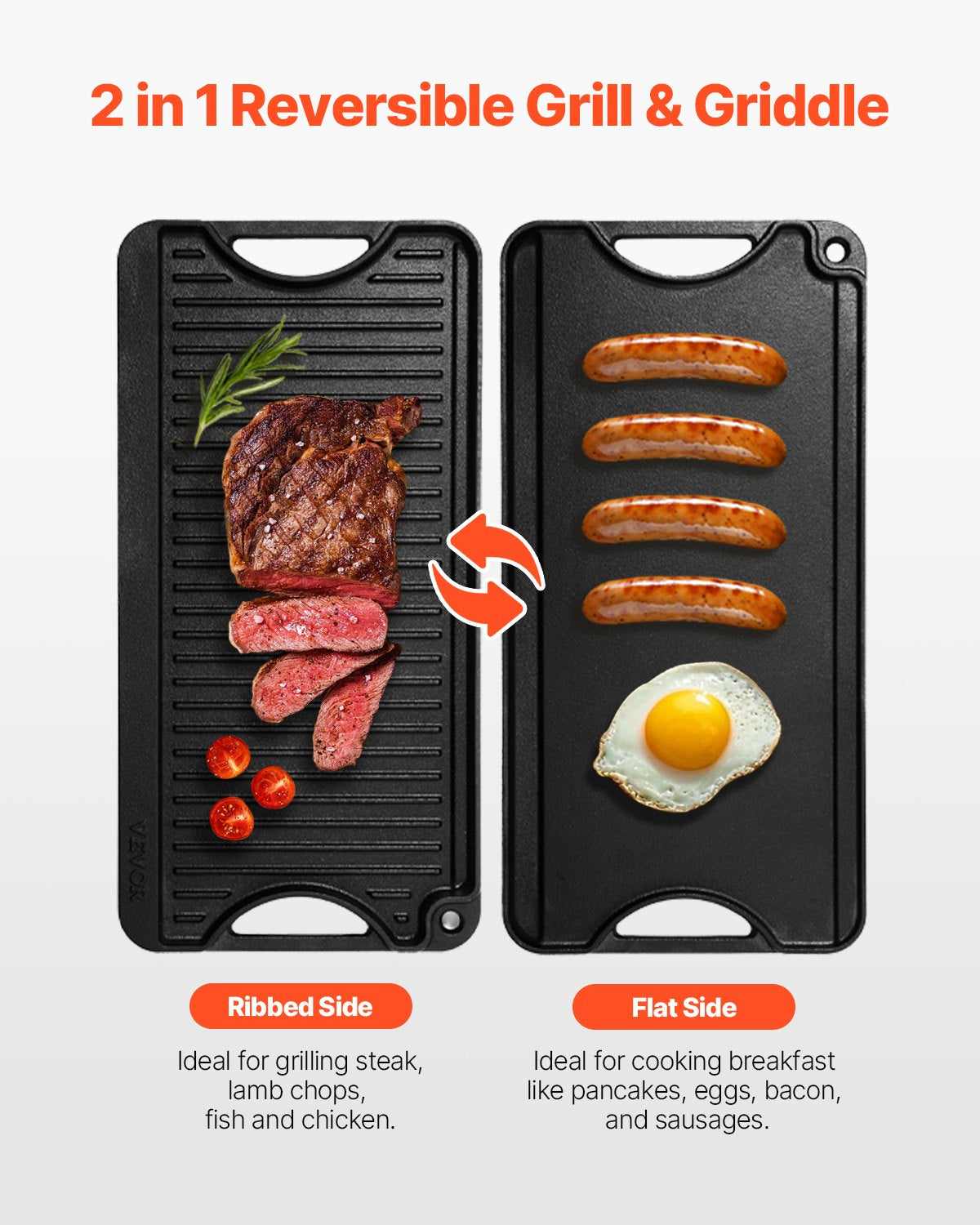 20x10in Cast Iron Reversible Grill & Griddle Pan - Black