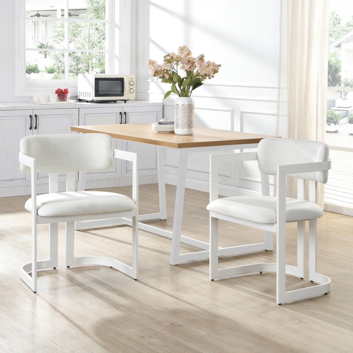 Upholstered Dining Chairs Set of 2 - Beige Fabric & White Metal Frame