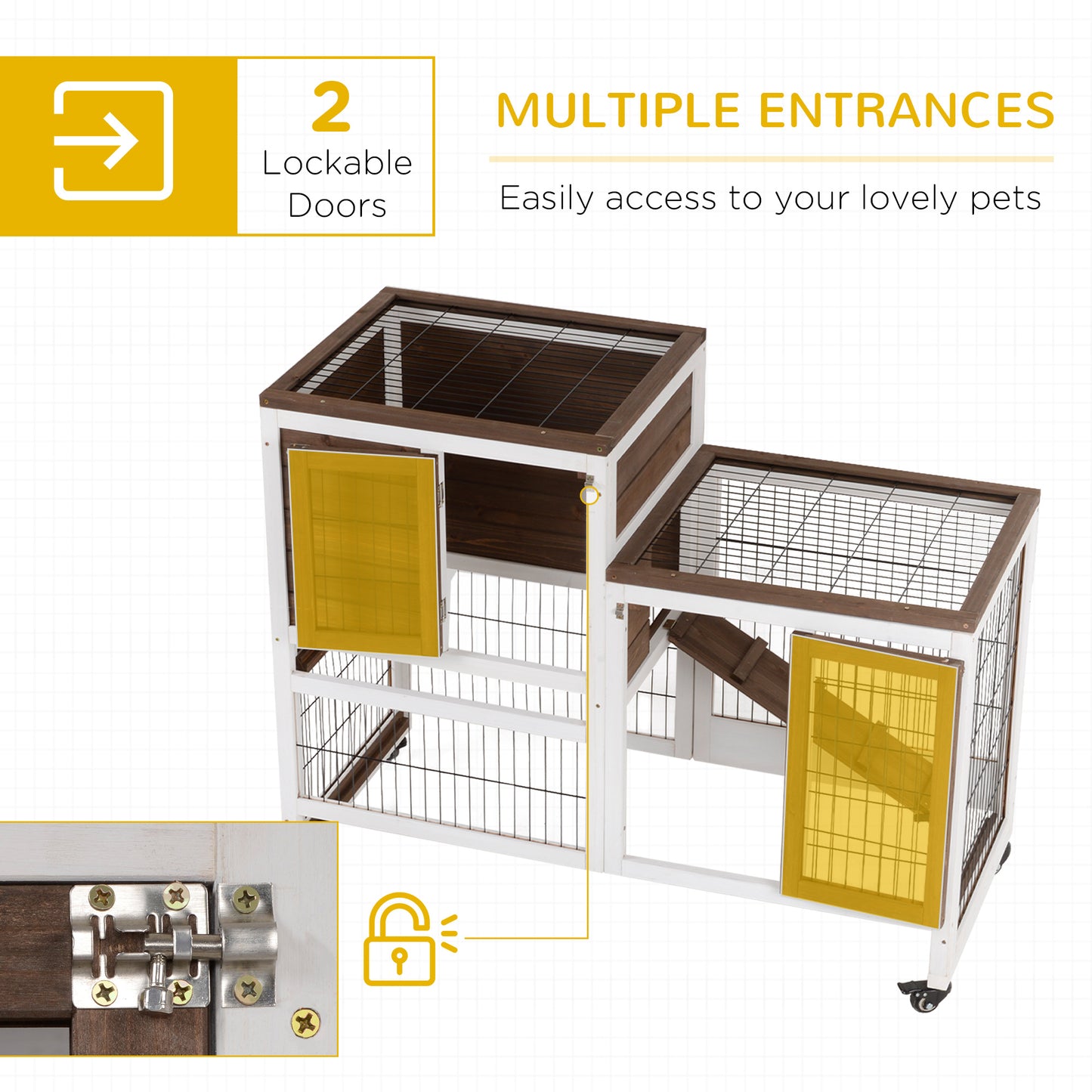 Elevated Wooden Rabbit Hutch with Wheels and Removable Trays - Brown & White