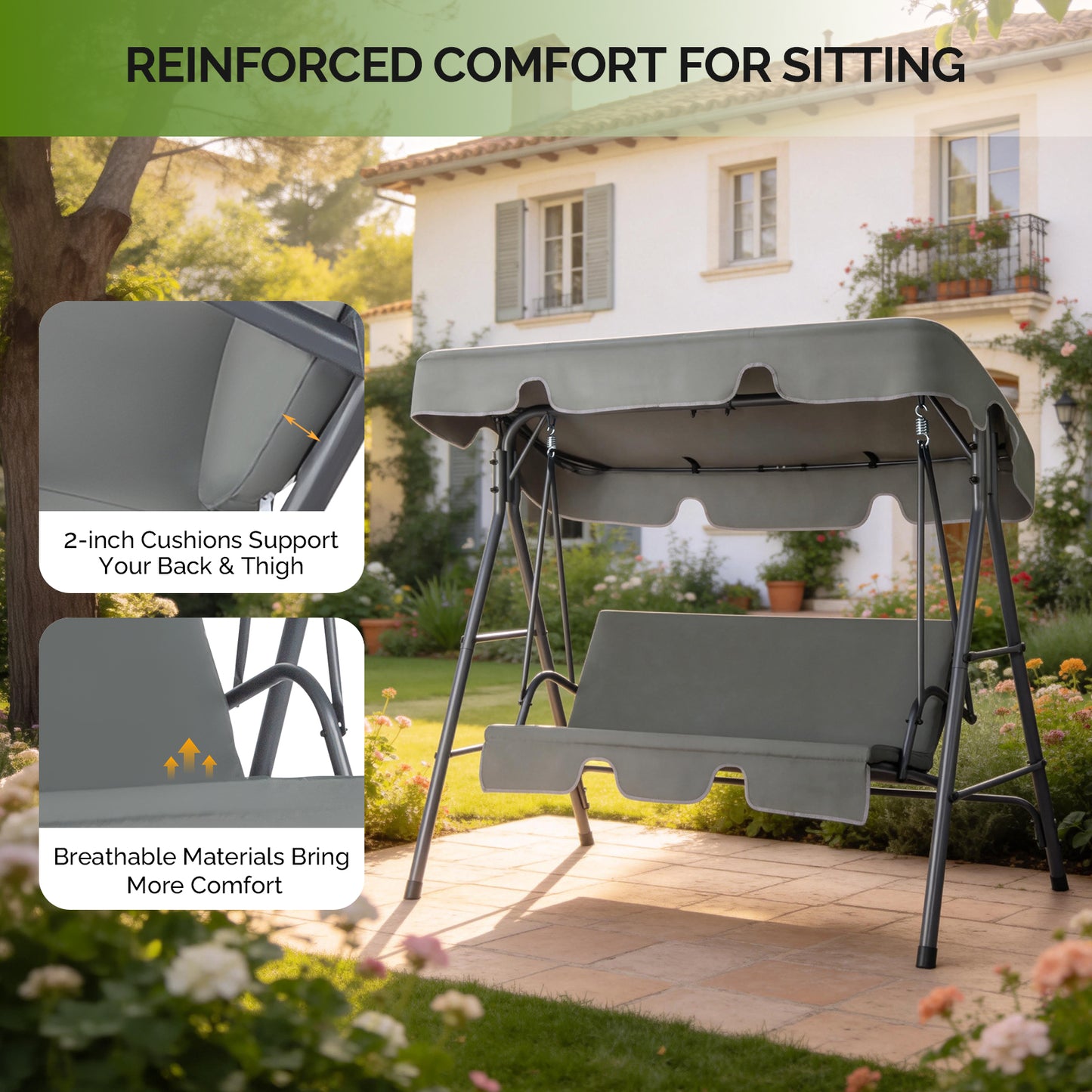 3-Person Garden Swing Set with Adjustable Canopy & Cushions