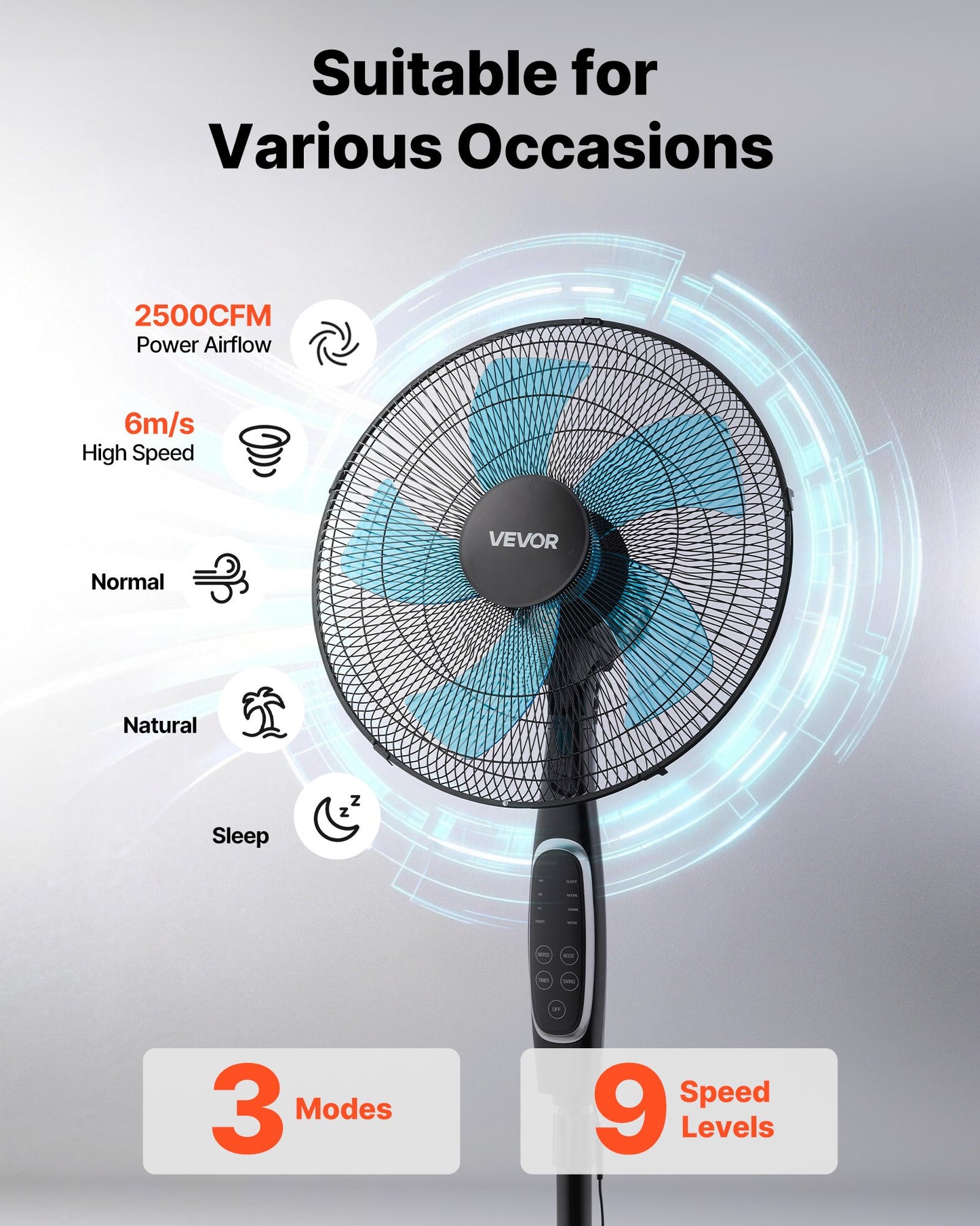 18-Inch Pedestal Fan with Remote Control, 9 Speeds & Adjustable Height, Quiet DC Motor, Black