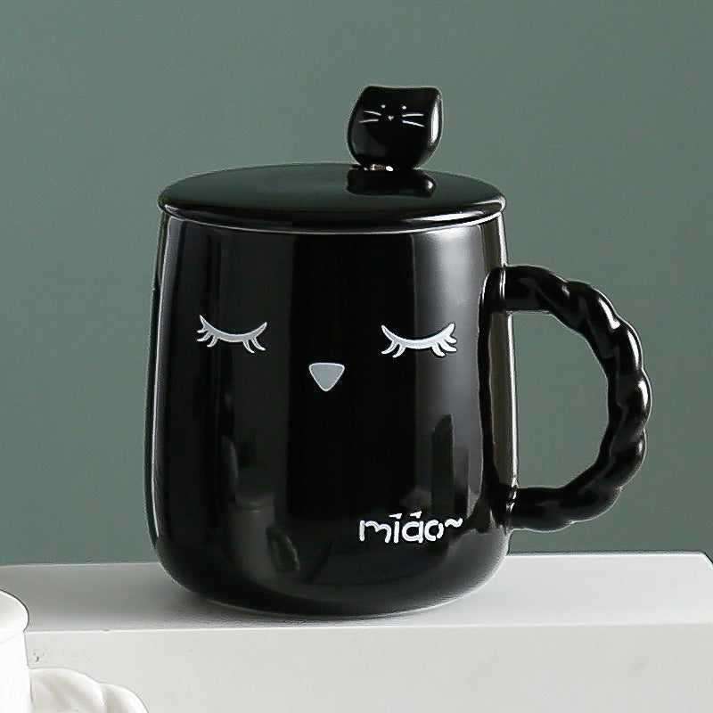Ceramic Water Cup with Lid and Spoon - Cartoon Style, 401-500ml
