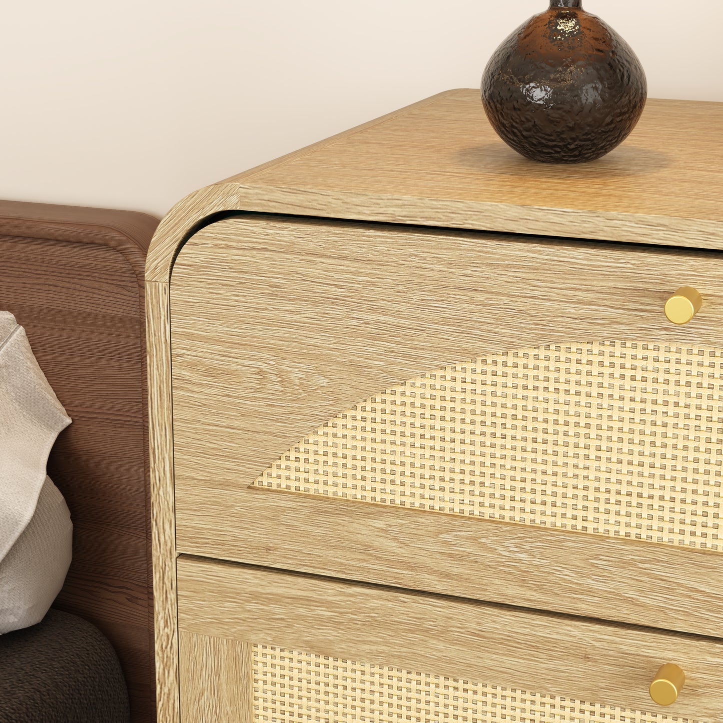 Natural 8-Drawer Dresser with Rattan Front - Wide Storage Cabinet