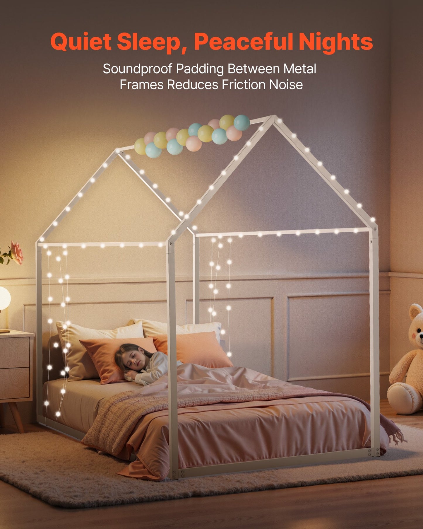 Twin House Bed Frame for Kids - Metal Floor Bed with Roof, Easy Assembly, White