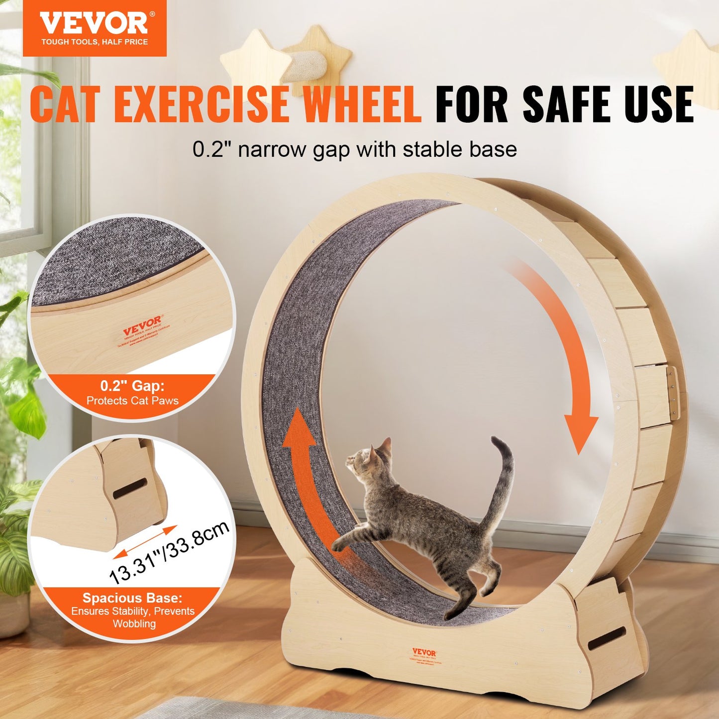 Large Wooden Cat Exercise Wheel 52-inch Indoor Feline Treadmill for All Sizes