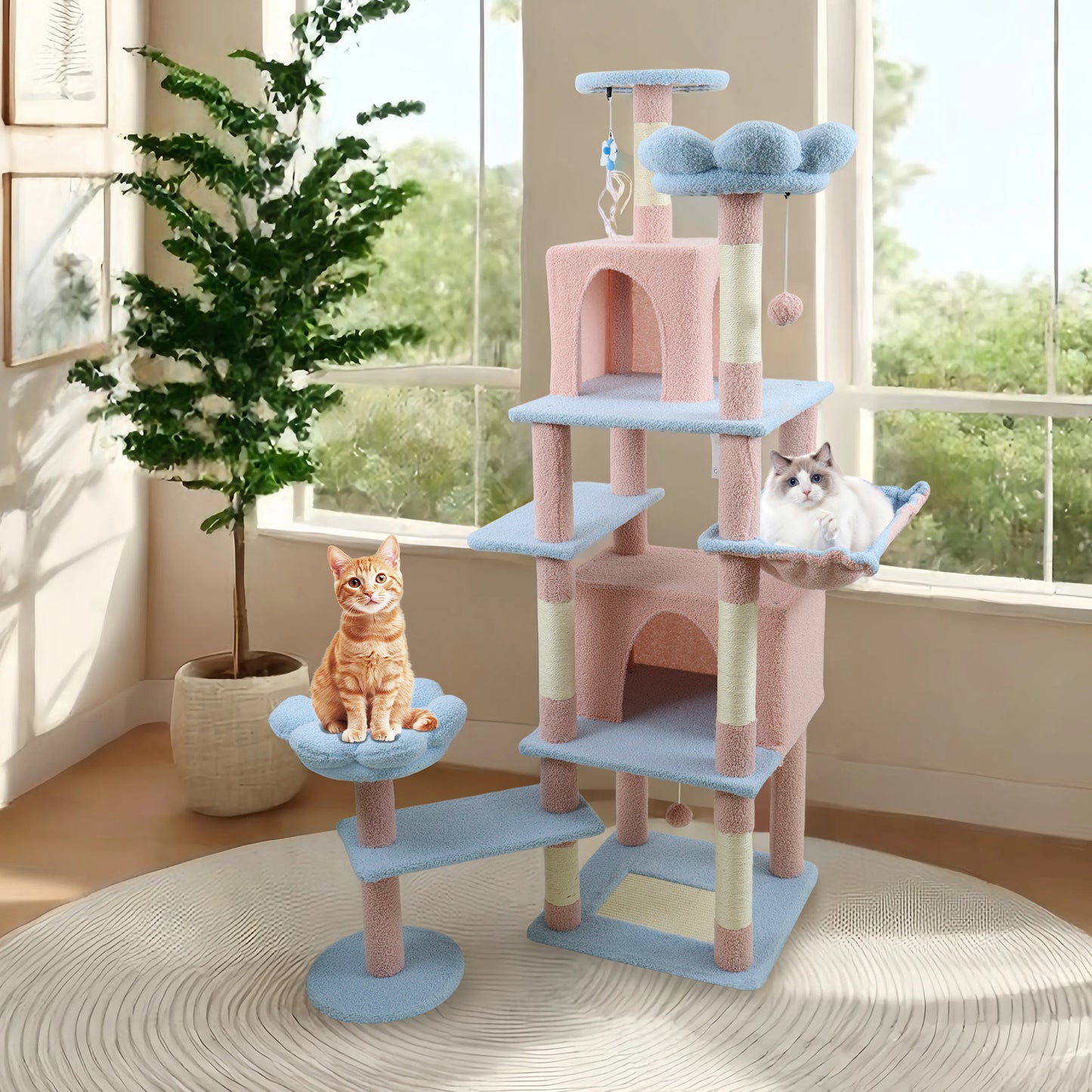 71-Inch Cat Tree with Large Condo, Removable Flower Cushion & Hammock - Blue