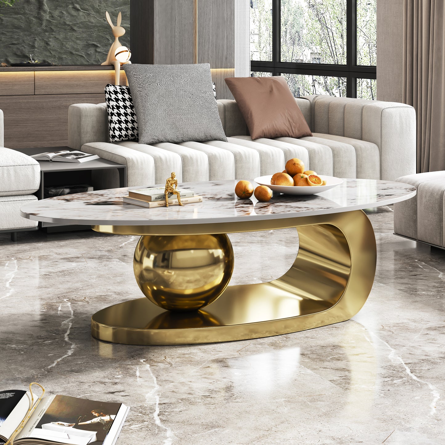 Oval Faux Marble Coffee Table with Stainless Steel Base - Gold Multi