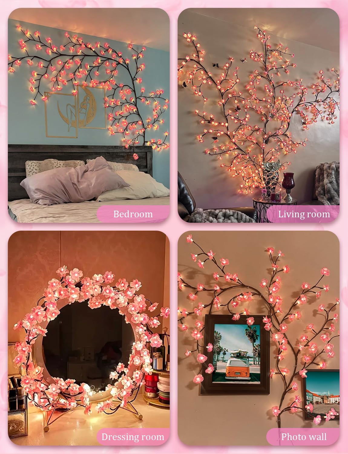 Cherry Blossom LED Tree Branch Wall Lights - 144 LED, 8 Modes, USB Powered, Indoor Decor
