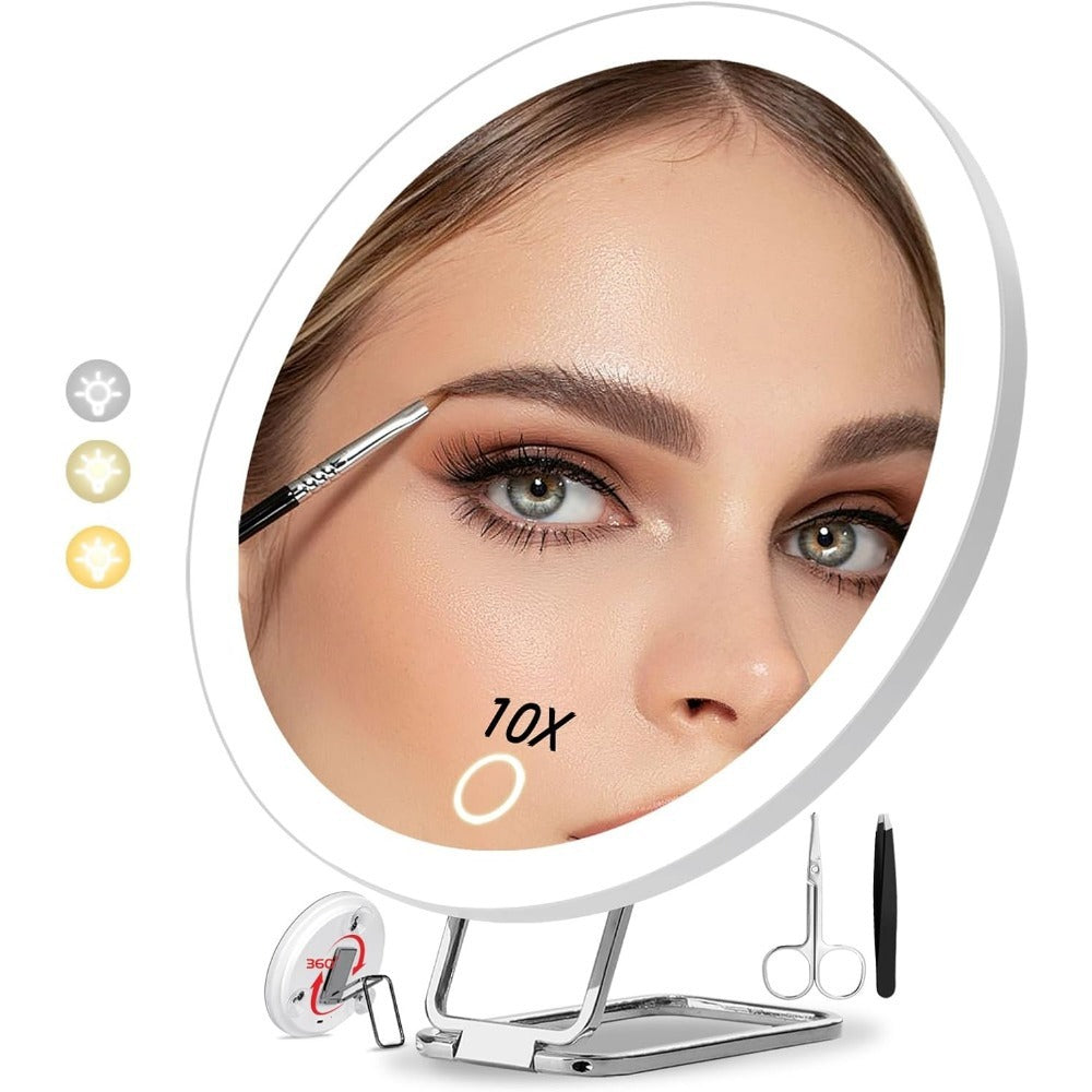 LED Makeup Mirror with Light Stand and Rotating Frame - Multiple Magnifications