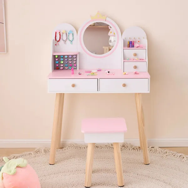 4-Drawer Children's Dressing Table Set - White & Pink Crown