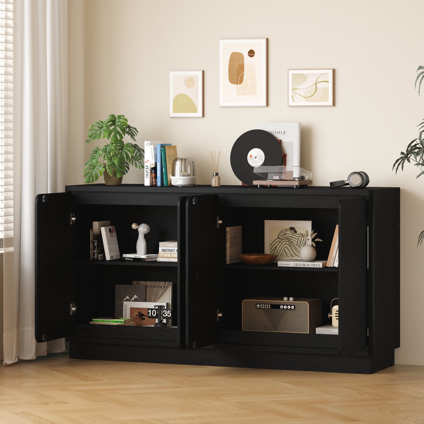 59.1-Inch Black 4-Door Sideboard Buffet Cabinet with Adjustable Shelves