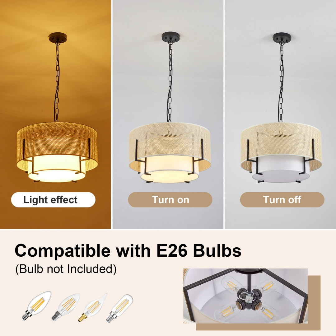19.7in Farmhouse Boho Rattan Chandelier with Fabric Shade - 4-Light Pendant Light for Dining Room Kitchen Bedroom