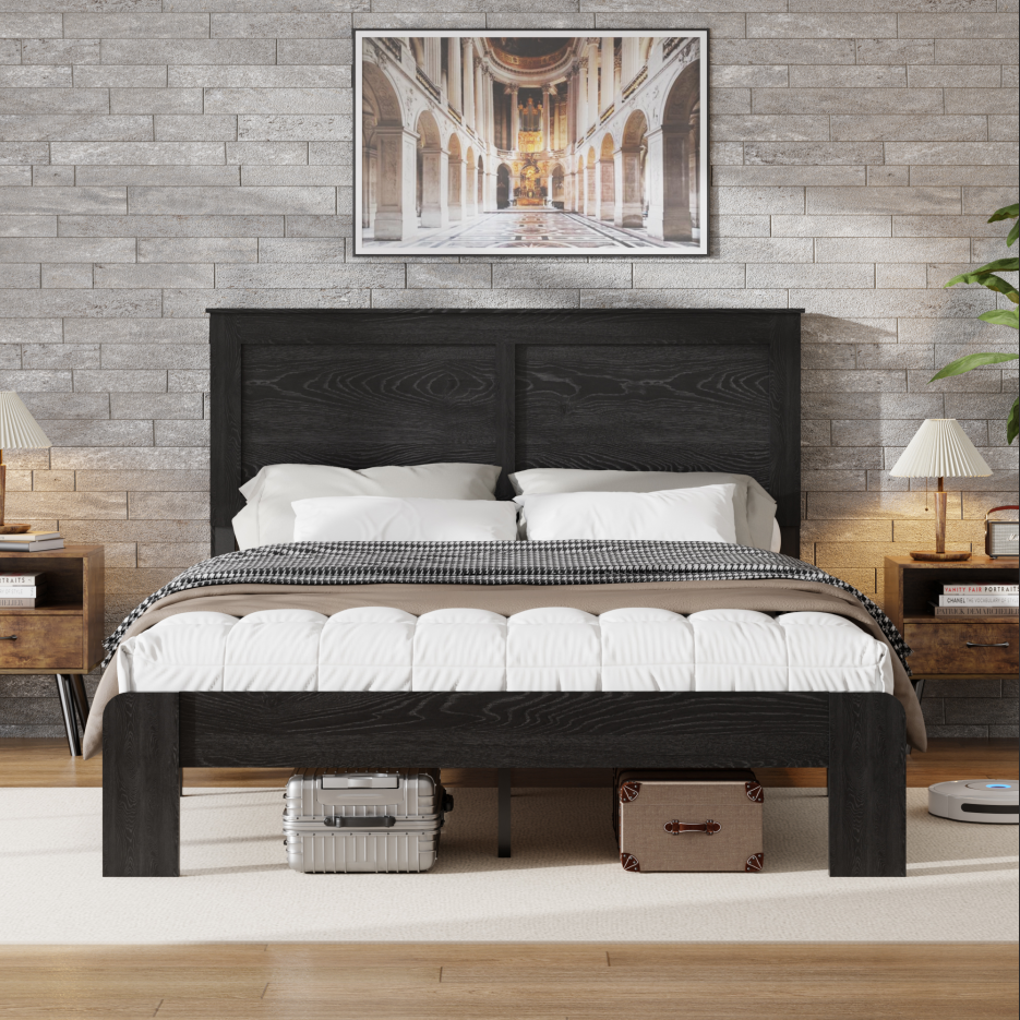 King Wood Platform Bed Frame with Underbed Storage - Black