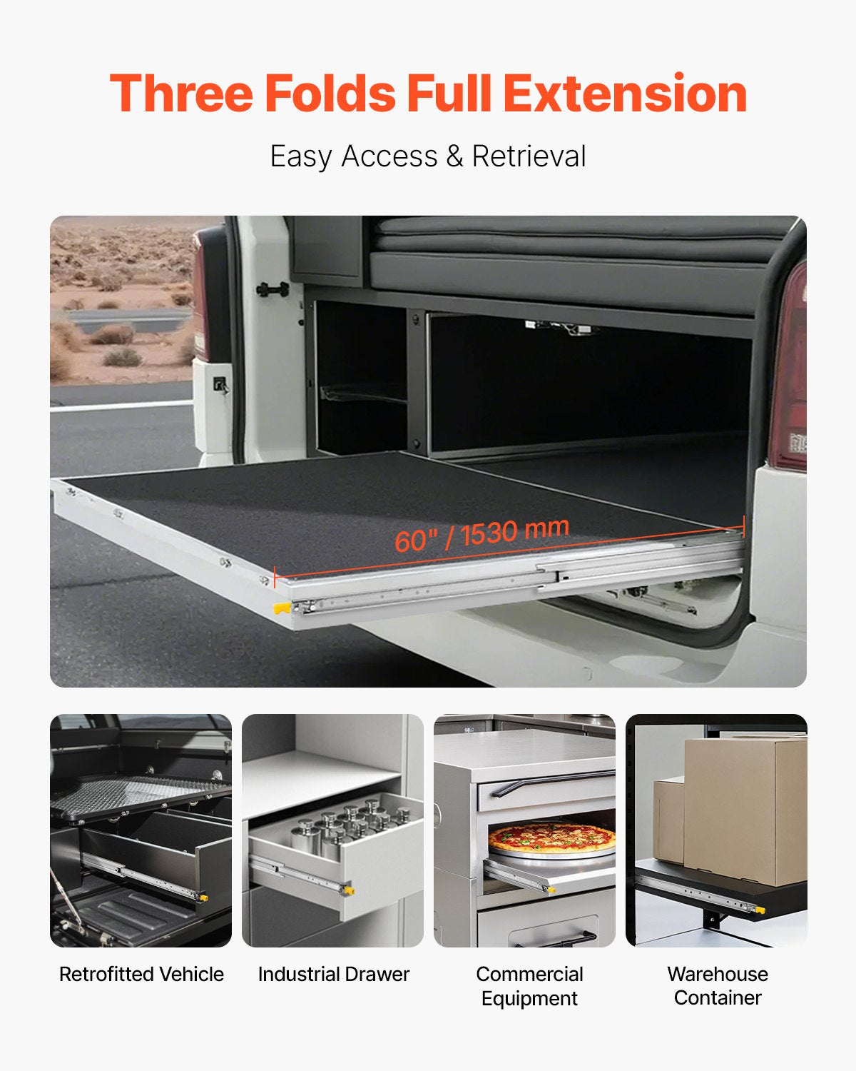 Heavy-Duty Full Extension Drawer Slides - 16-60 In, 250 lbs Capacity