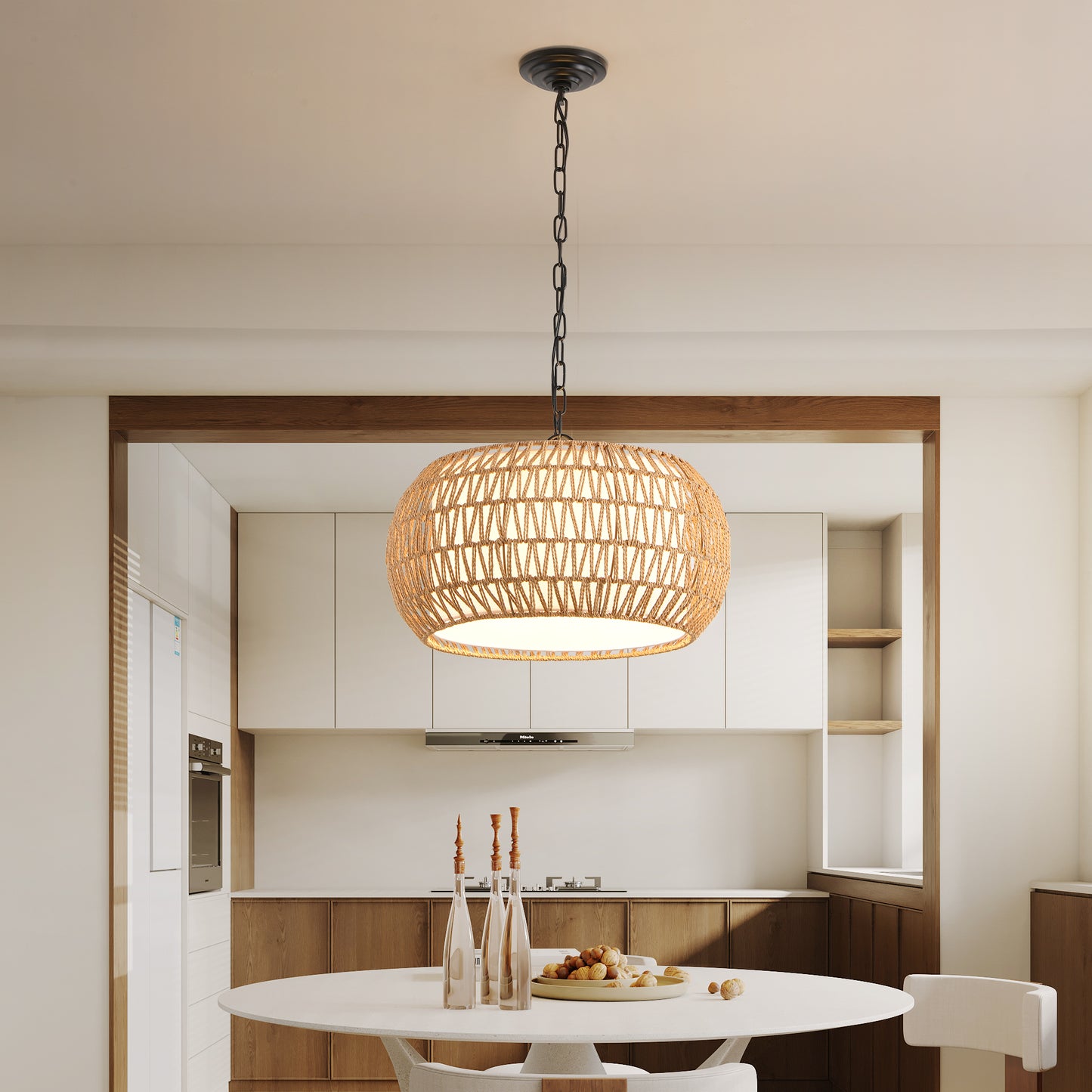 18-Inch Farmhouse Pendant Light with Adjustable Height - Boho Woven Jute Rope Ceiling Fixture, E26 Base